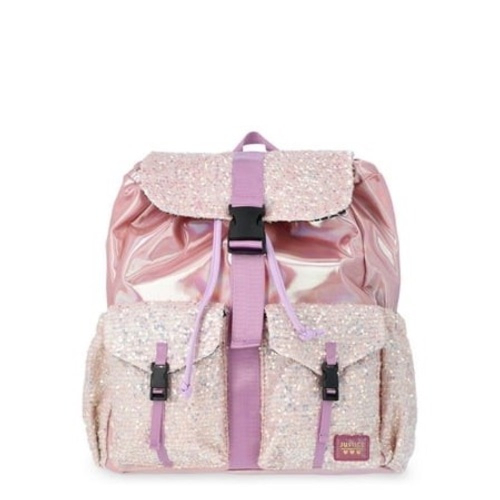 Justice Girls Pink Holographic Sequin Buckle Backpack Iridescent School Bag NWT